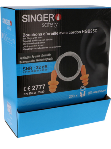 Boîte de 200 paires de bouchons d'oreille avec cordon Singer Safety HGB25C200