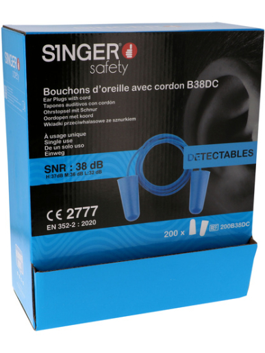 Boîte de 200 paires de bouchons d'oreilles détectables avec cordon Singer Safety 200B32DC / 200B38DC
