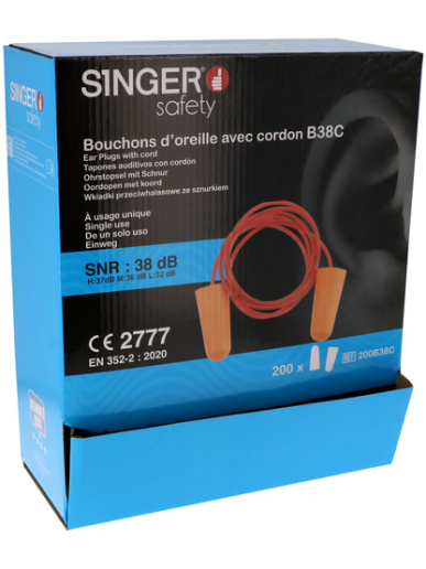 Boîte de 200 paires de bouchons d'oreilles avec cordon Singer Safety 200B38C